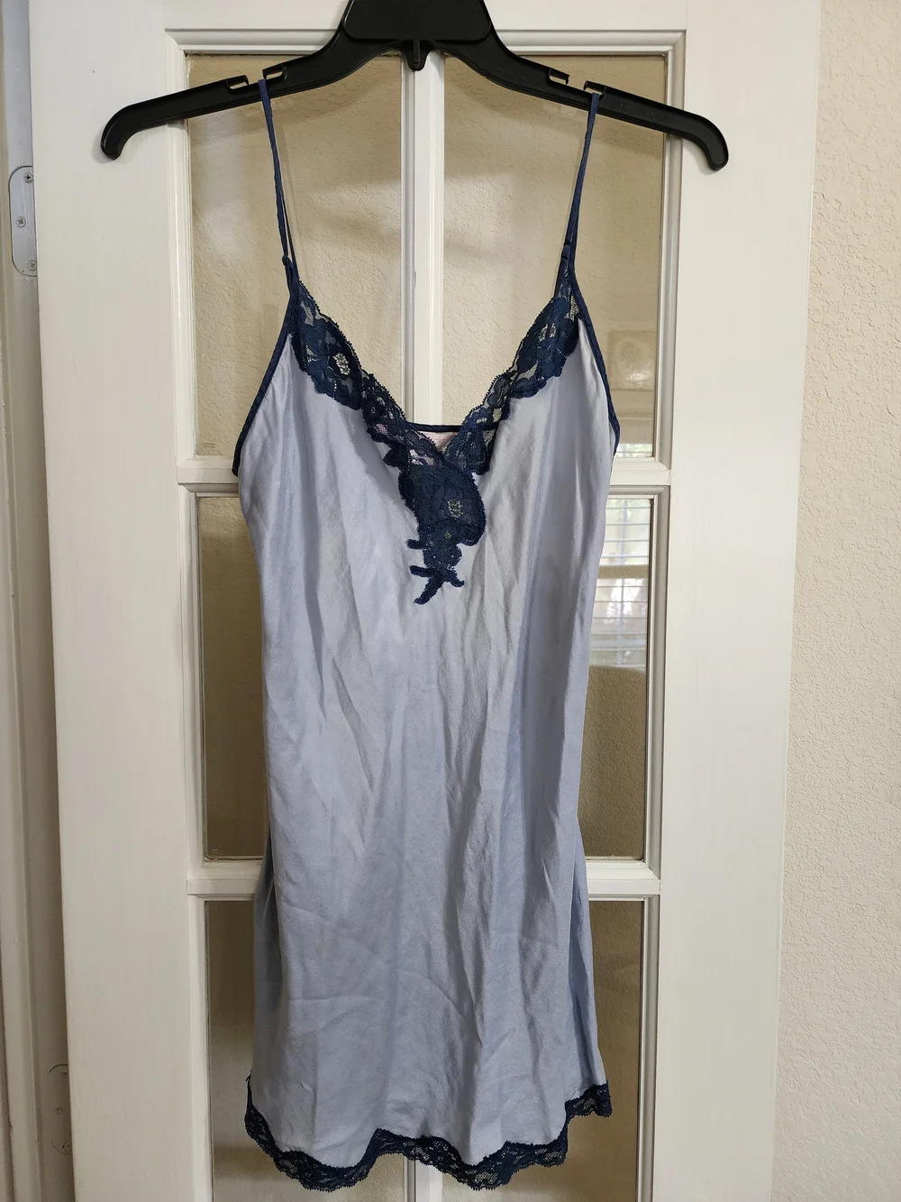 Vintage Victoria's Secret 100% Silk Blue Lace Chemise Slip Nightgown M READ DESC